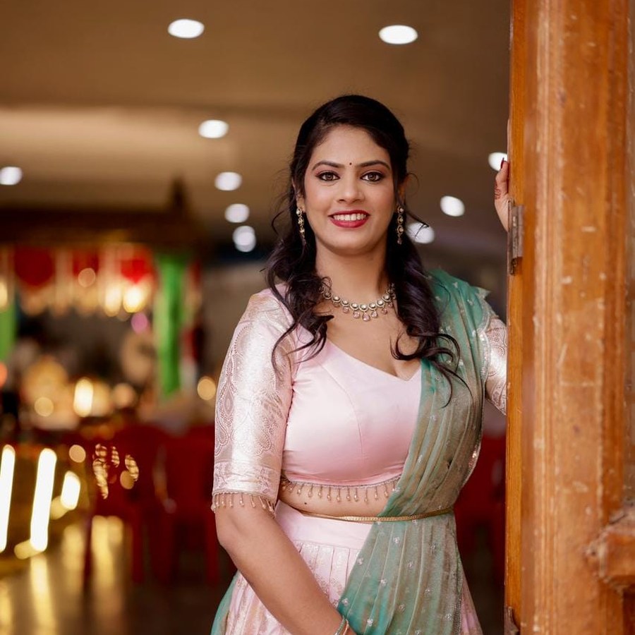 Pastel lehenga with contrast dupatta stitched by Hello Beautiful Boutique