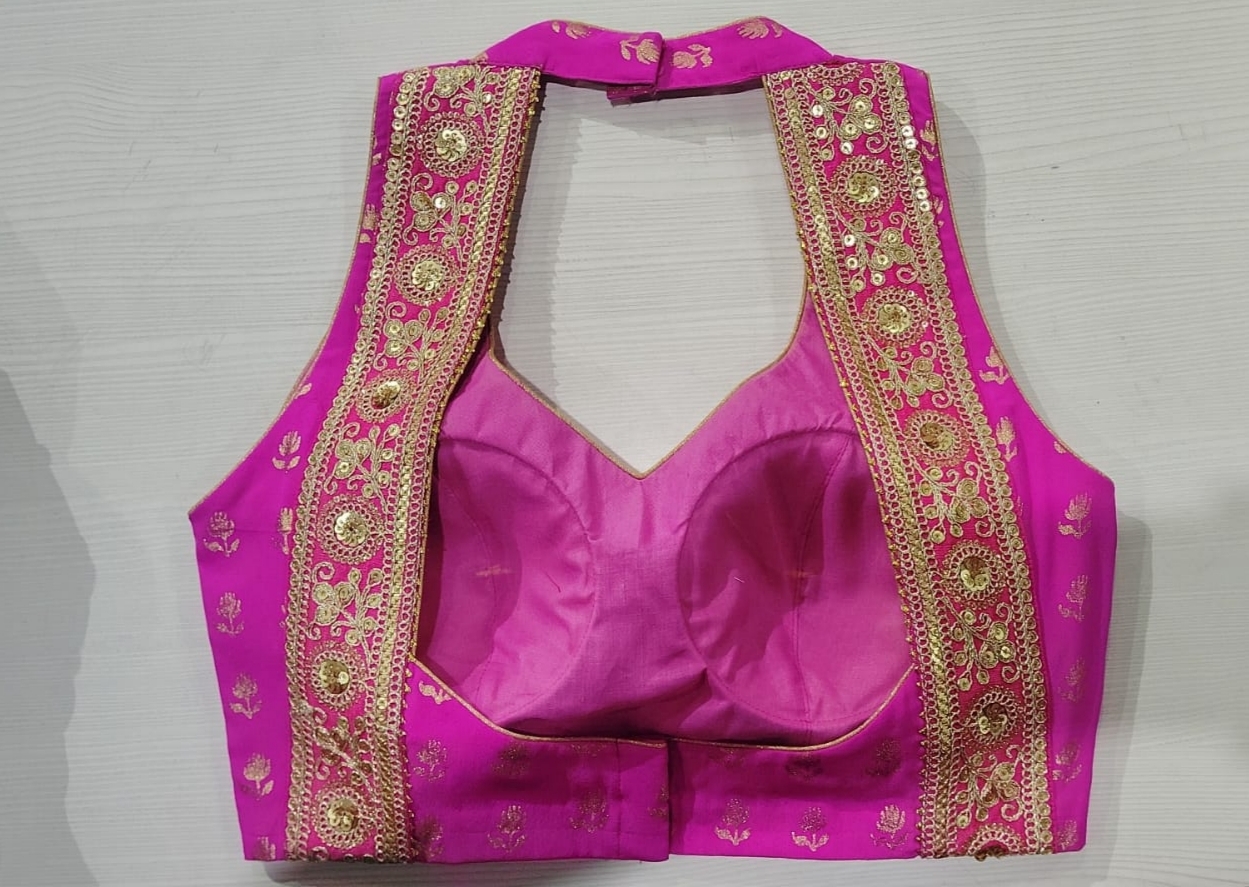 Pink halter-neck blouse with gold sequin embroidered borders
