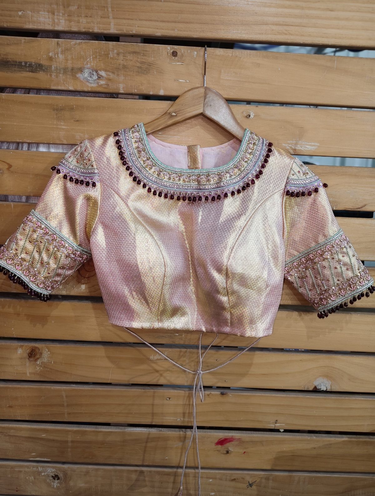 Blush gold blouse with pastel bead and zardozi embroidered neckline and sleeves